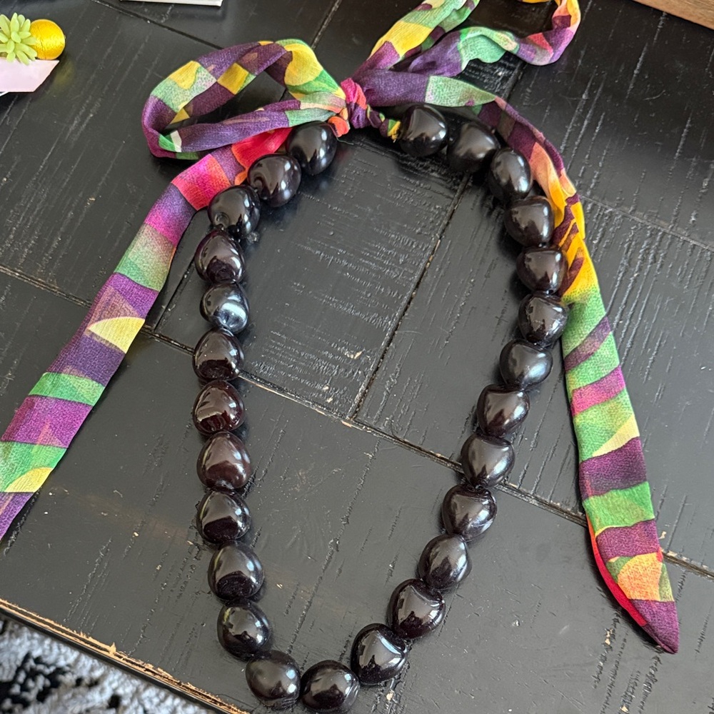 Black Beaded Tie-Neck Necklace with Multicolor Silk Ribbon